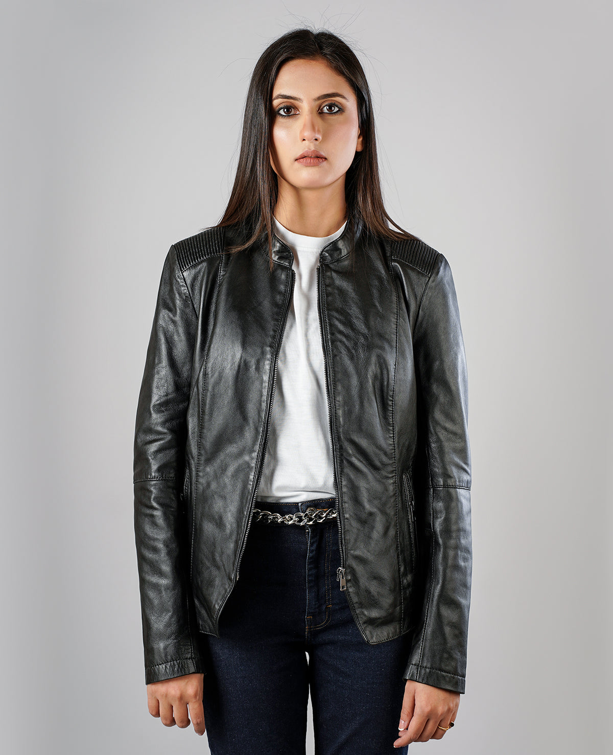 Kelsee Distressed Black Leather Biker Jacket