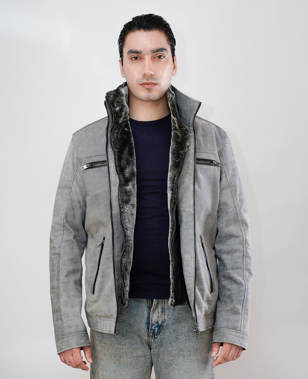 Rustic Grey Leather Biker Jacket