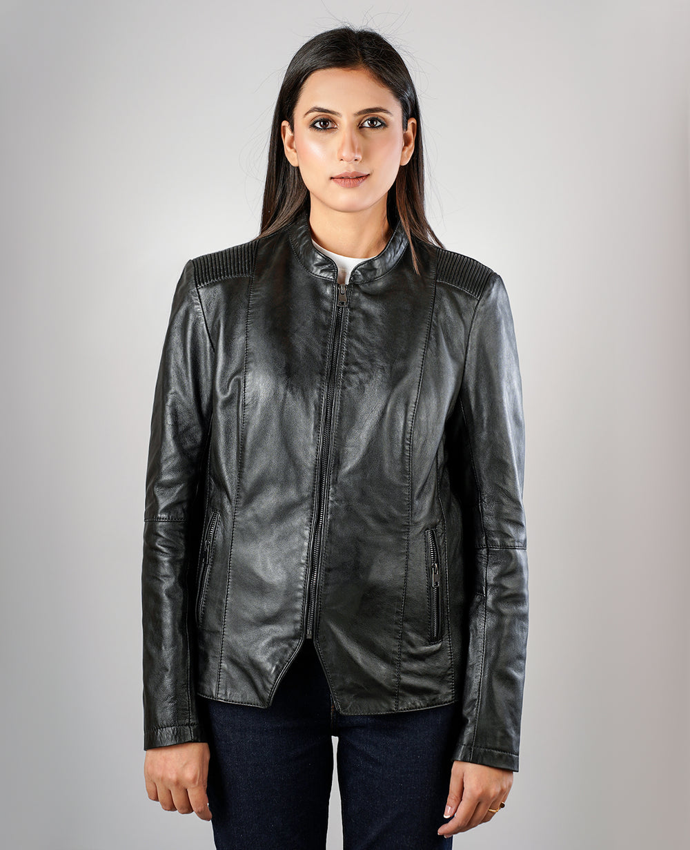 Kelsee Distressed Black Leather Biker Jacket