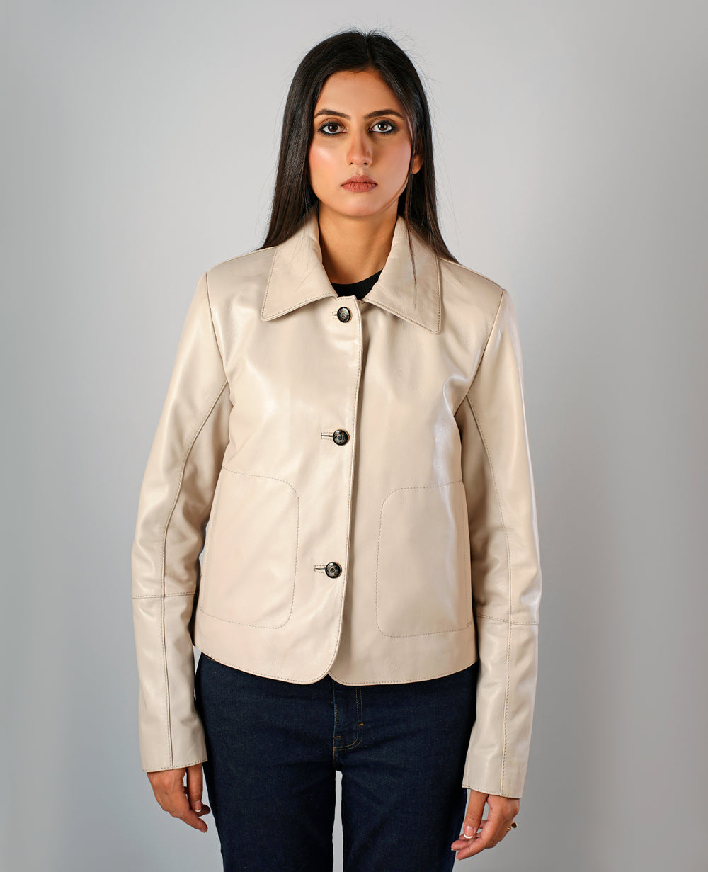Zenith Beige Leather Shirt Jacket