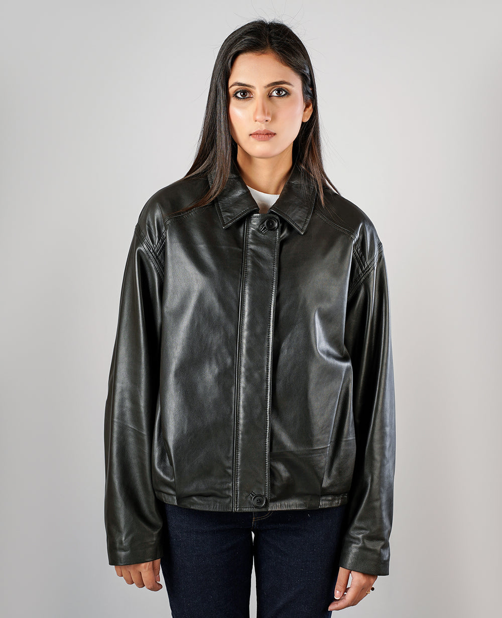Zenith Black Leather Shirt Jacket