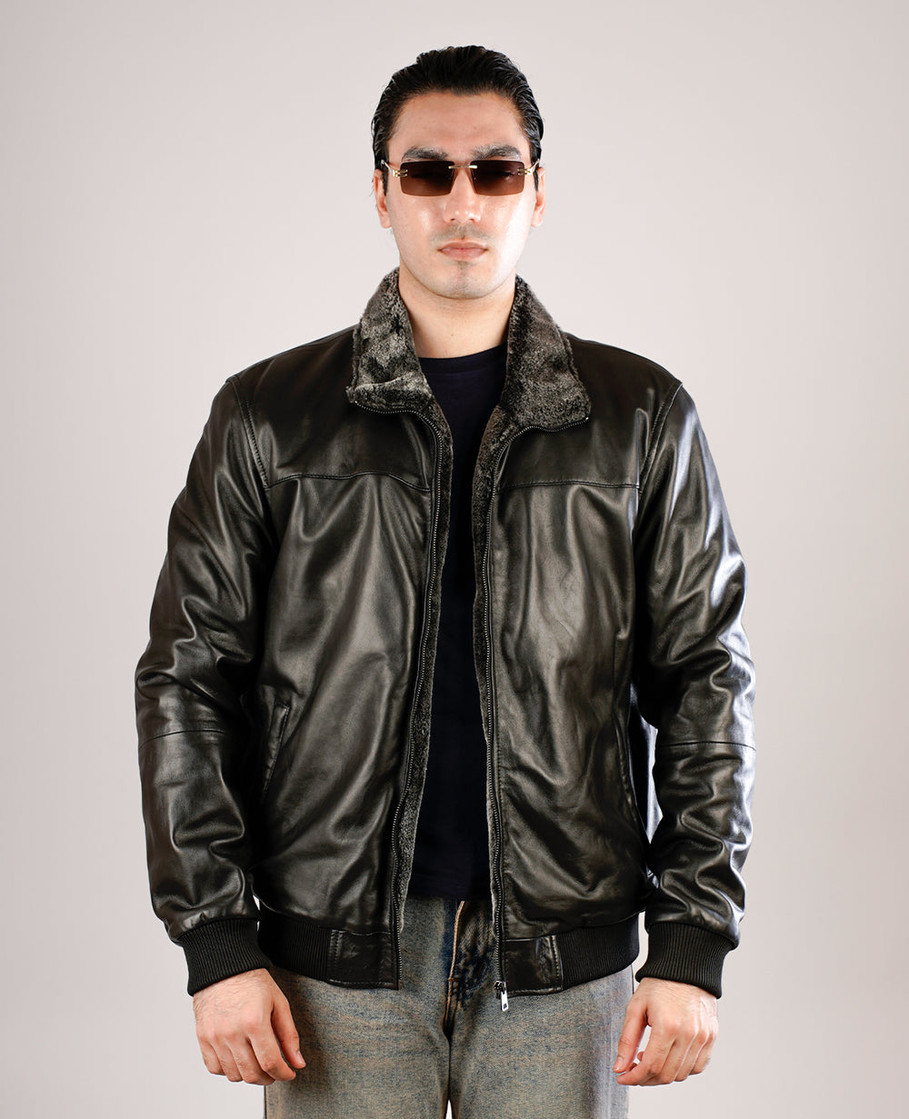 Dallis Distressed Black Leather Shearling Trucker Jacket