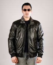 Dallis Distressed Black Leather Shearling Trucker Jacket