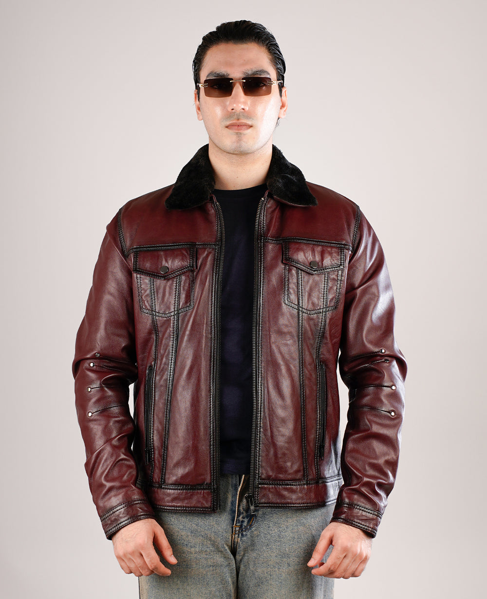 Dallis Brown Leather Shearling Trucker Jacket