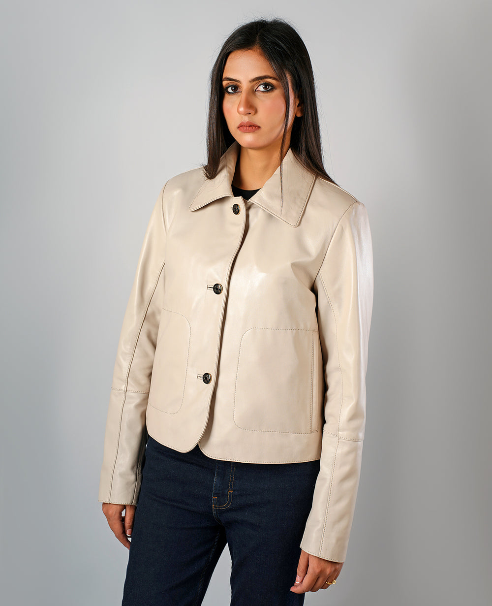 Zenith Beige Leather Shirt Jacket