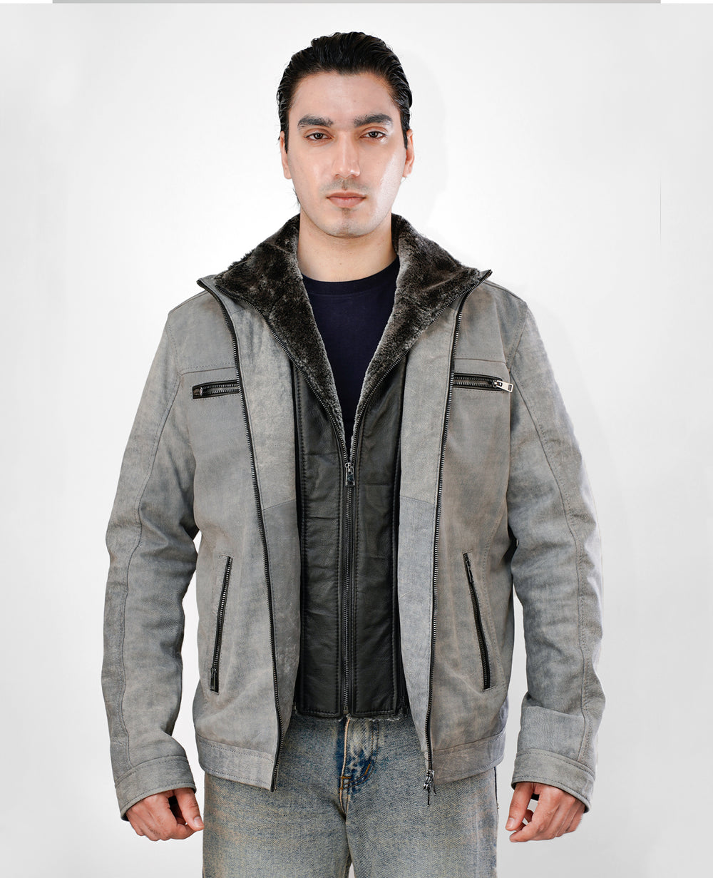 Rustic Grey Leather Biker Jacket