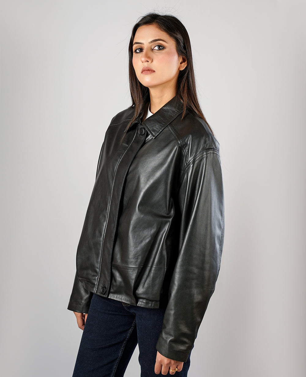 Zenith Black Leather Shirt Jacket