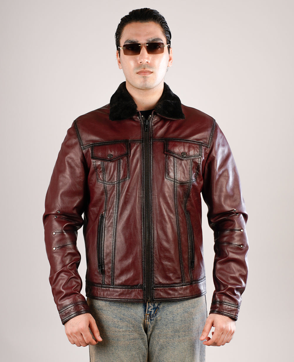 Dallis Brown Leather Shearling Trucker Jacket