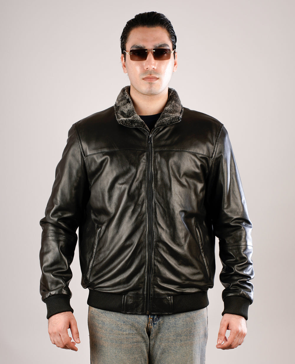 Dallis Distressed Black Leather Shearling Trucker Jacket