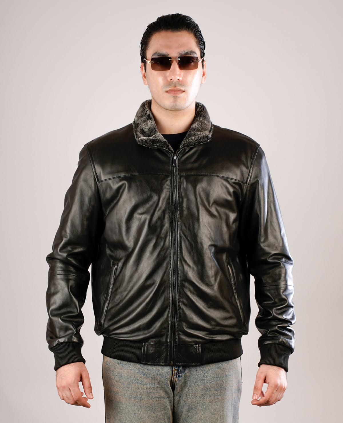 Dallis Distressed Black Leather Shearling Trucker Jacket