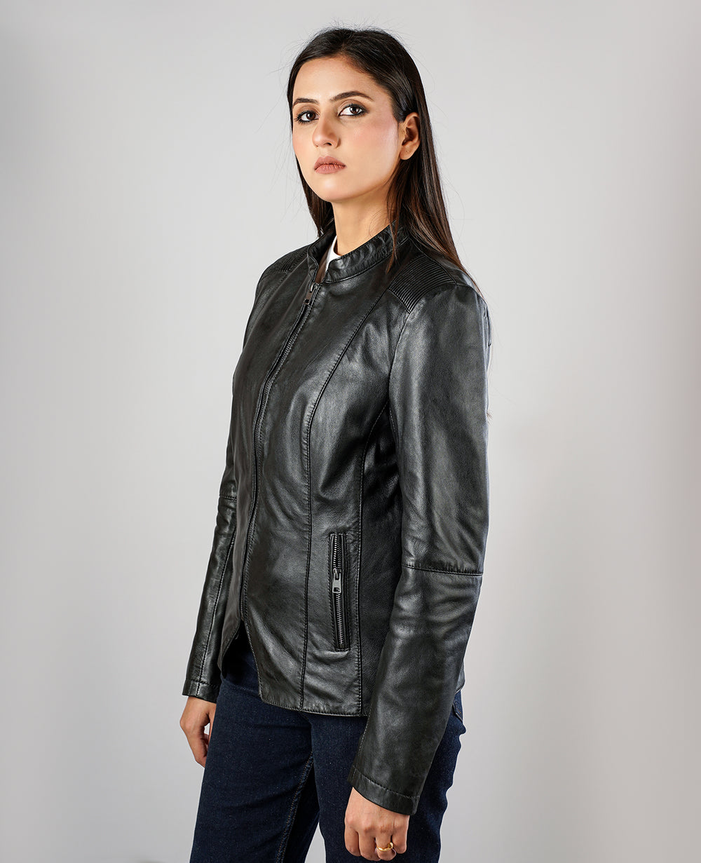 Kelsee Distressed Black Leather Biker Jacket