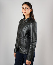 Kelsee Distressed Black Leather Biker Jacket