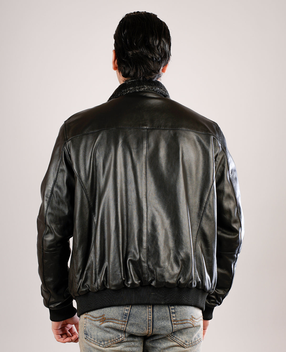 Dallis Distressed Black Leather Shearling Trucker Jacket