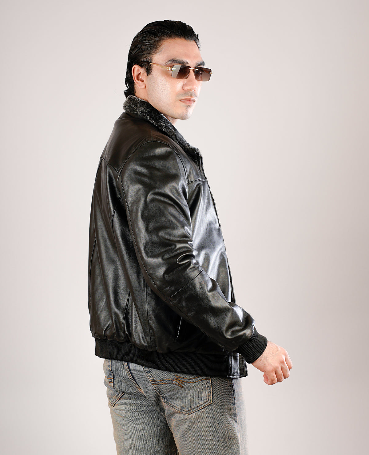 Dallis Distressed Black Leather Shearling Trucker Jacket