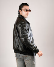 Dallis Distressed Black Leather Shearling Trucker Jacket