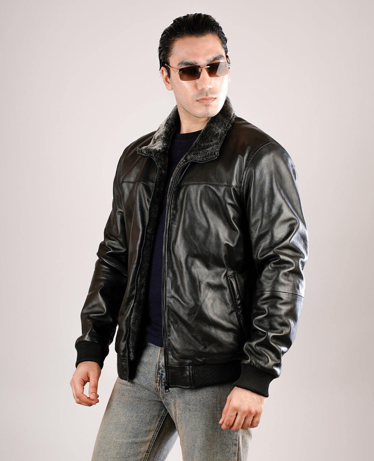 Dallis Distressed Black Leather Shearling Trucker Jacket