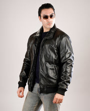 Dallis Distressed Black Leather Shearling Trucker Jacket