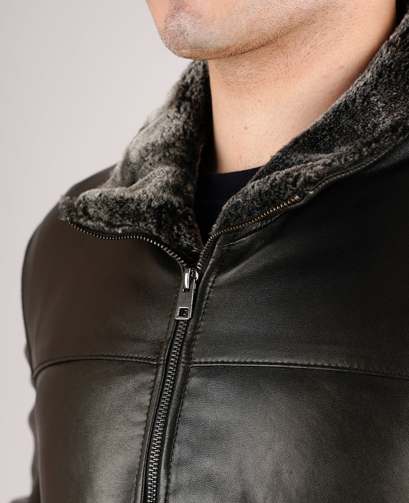 Dallis Distressed Black Leather Shearling Trucker Jacket